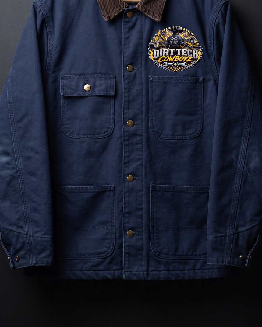 Navy duck canvas Dirt Tech Cowboys chore coat hanging on a steel hook.