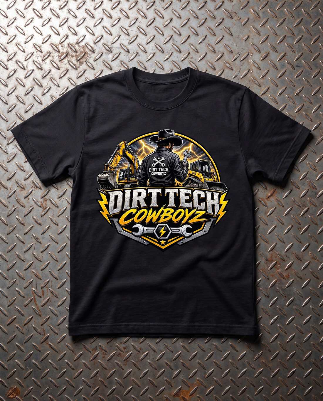 Black heavyweight Dirt Tech Cowboys field tee laid flat on diamond plate steel.