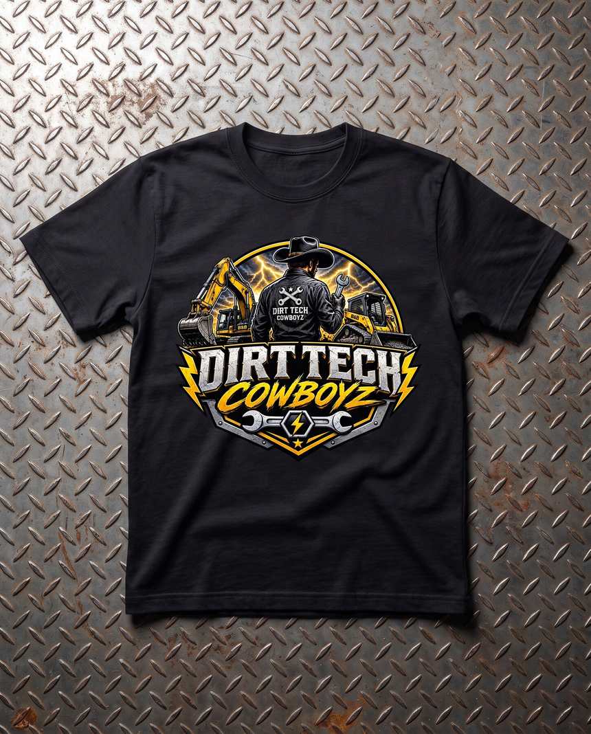Black heavyweight Dirt Tech Cowboys field tee laid flat on diamond plate steel.