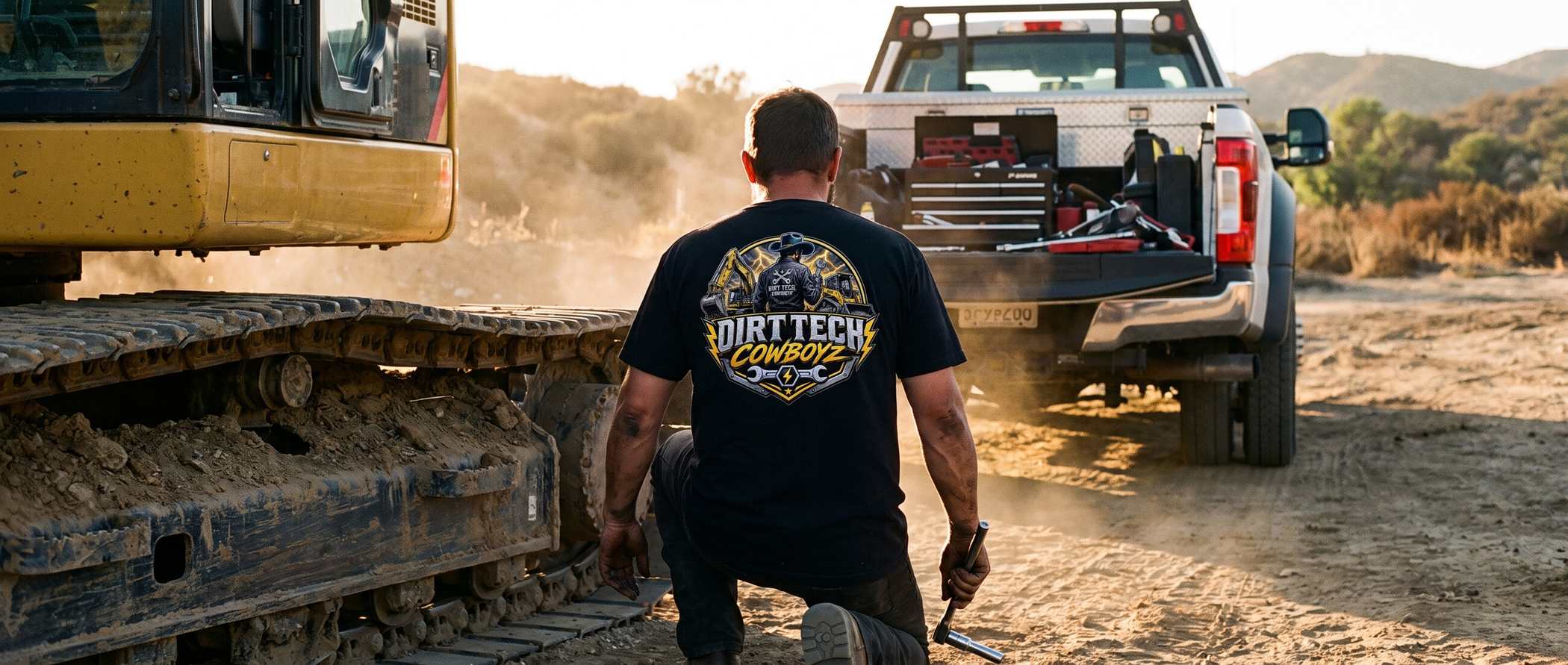 A mobile heavy equipment mechanic kneeling beside the track of an excavator at golden hour, seen from behind, wearing a Dirt Tech Cowboys tee.