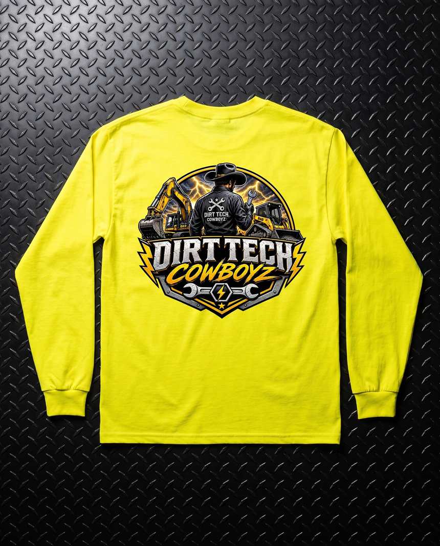 Safety yellow Dirt Tech Cowboys long sleeve tee laid flat on diamond plate steel.