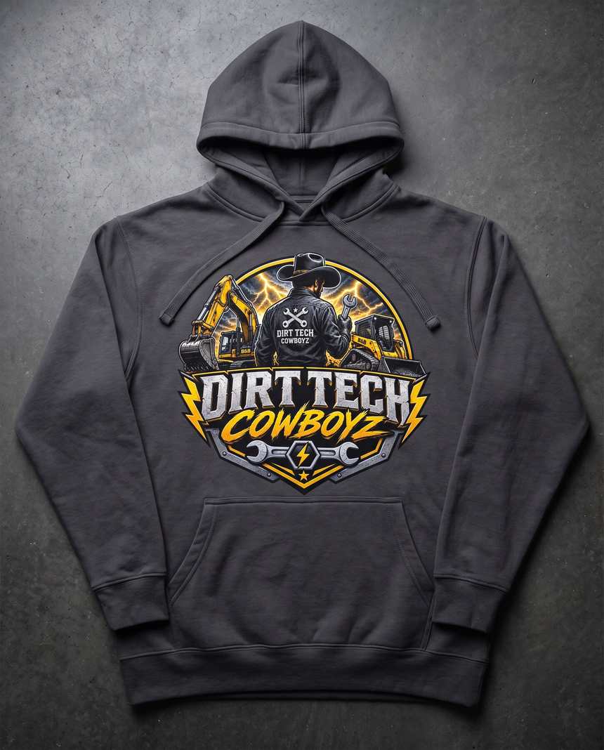 Charcoal grey Dirt Tech Cowboys pullover hoodie laid flat on dark concrete.
