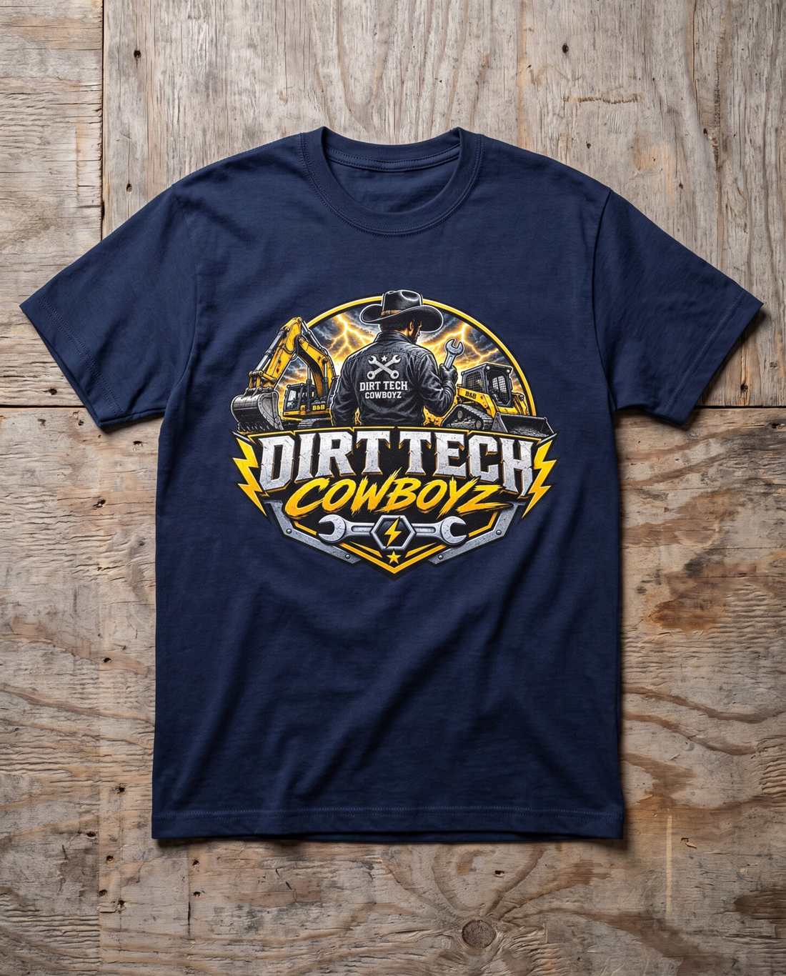 Navy work blue Dirt Tech Cowboys tee laid flat on raw plywood.
