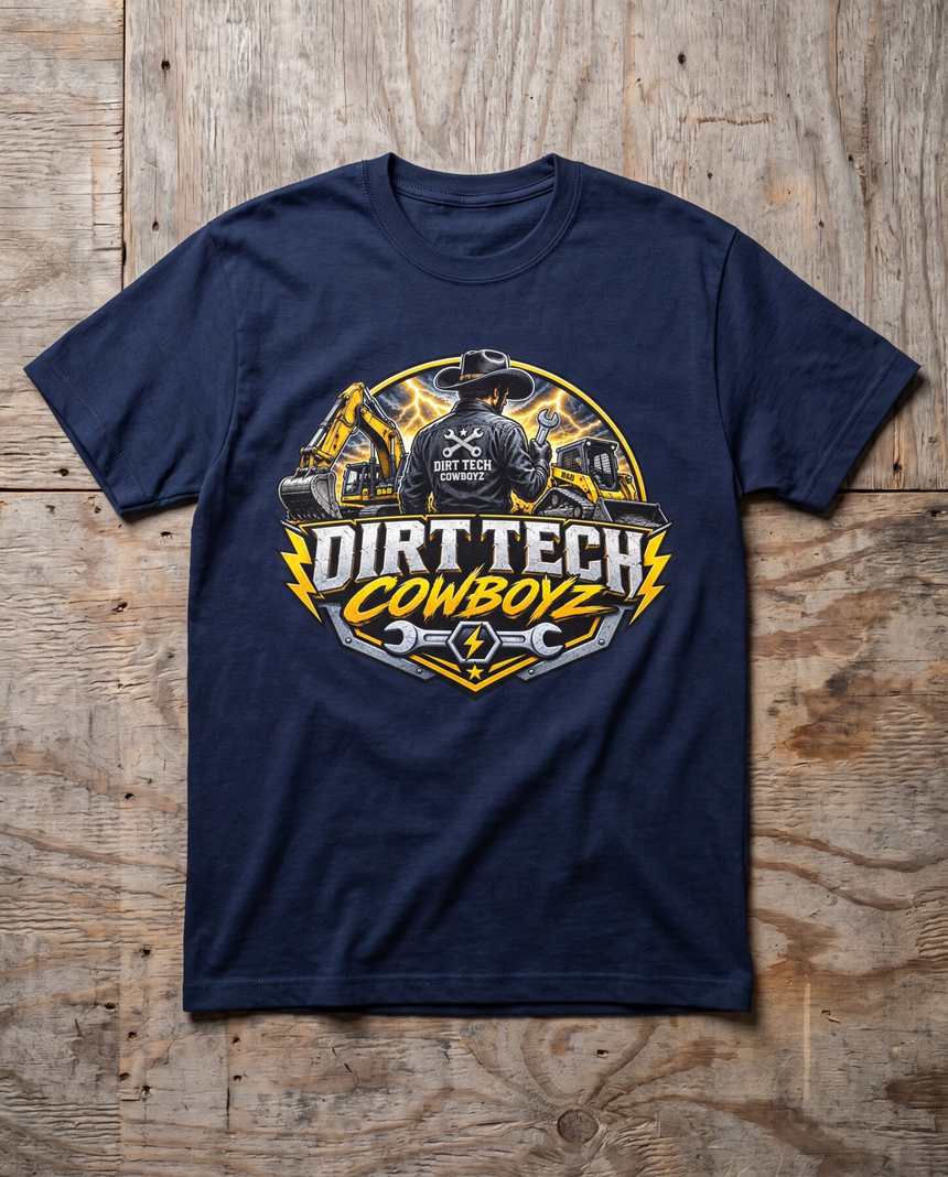 Navy work blue Dirt Tech Cowboys tee laid flat on raw plywood.