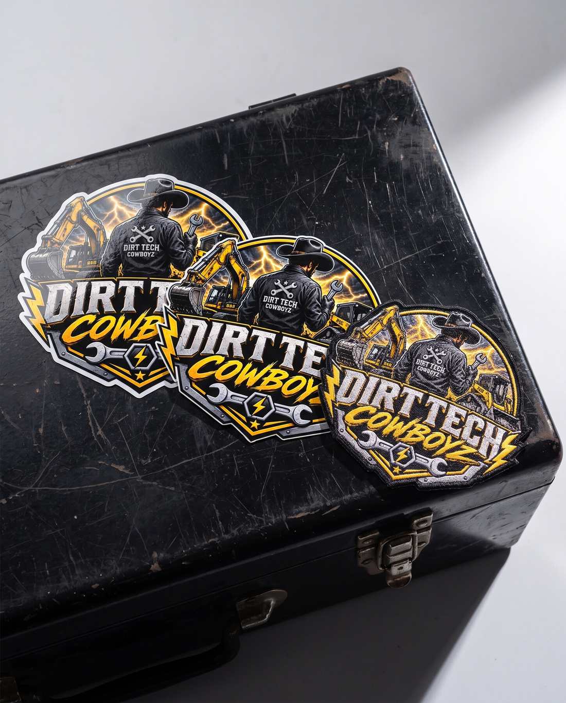 Dirt Tech Cowboys die cut vinyl stickers and an embroidered patch on a black toolbox lid.