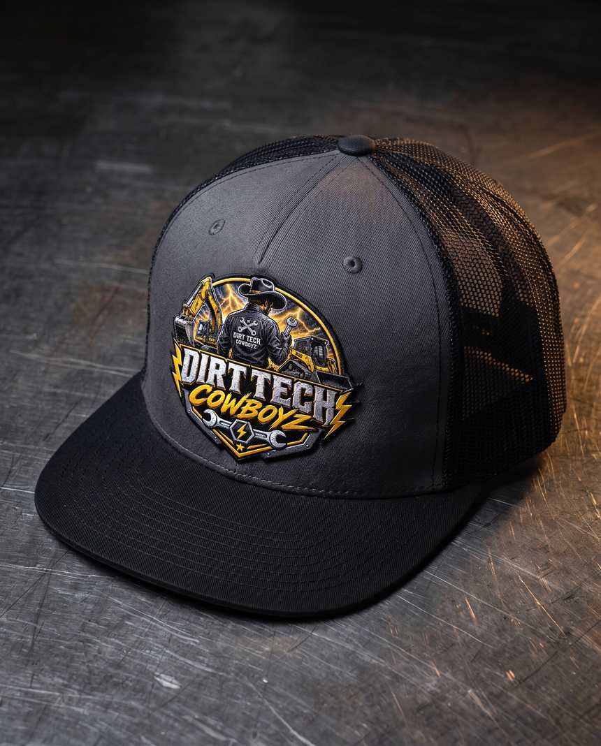 Black and charcoal Dirt Tech Cowboys trucker cap on a steel workbench.