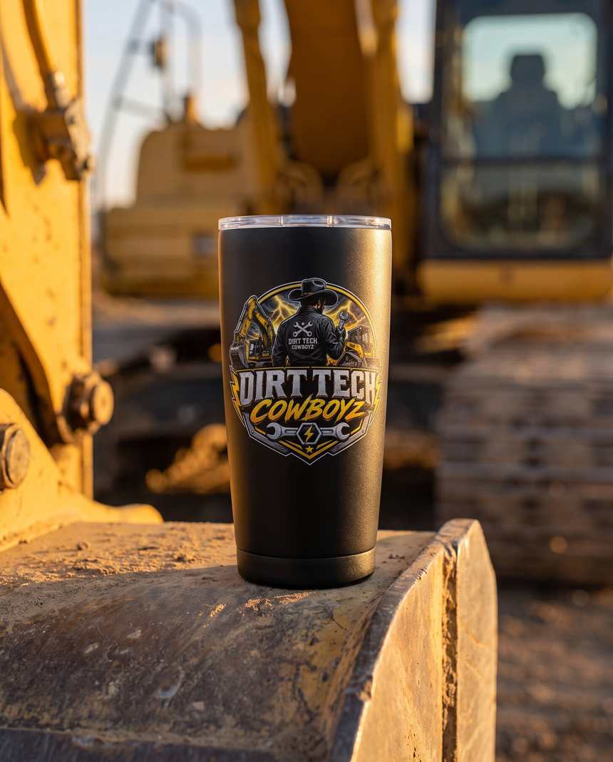 Matte black insulated Dirt Tech Cowboys tumbler on the fender of a yellow excavator.
